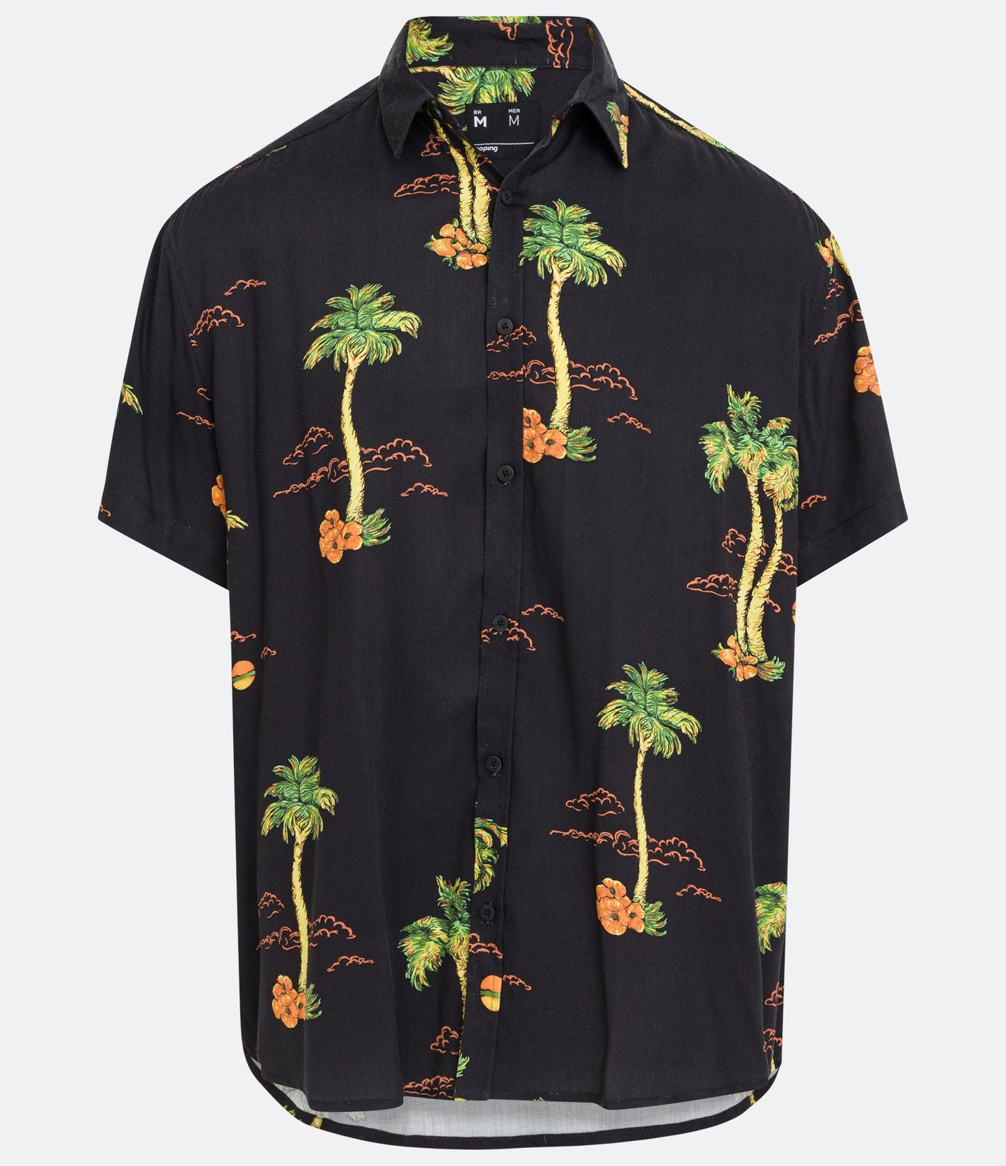 Camisa relajada de viscosa con estampado negro de sol tropical y palmeras