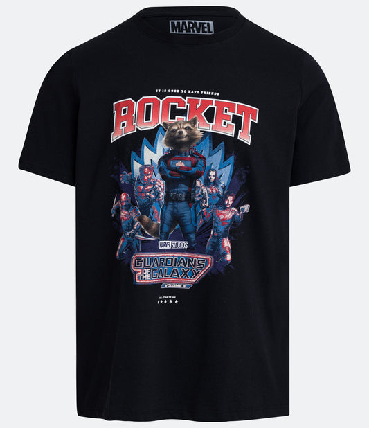 Camiseta Regular Fit com estampa do Rocket dos Guardiões da Galáxia - Preta