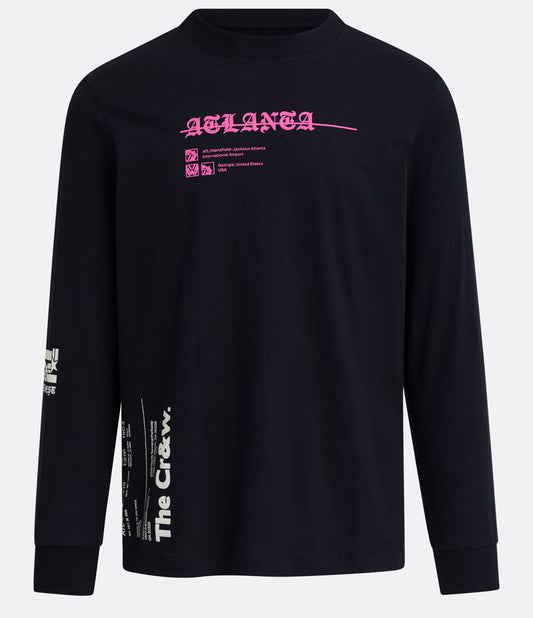 Camiseta de algodão de ajuste regular com letras de Atlanta e mangas longas em preto