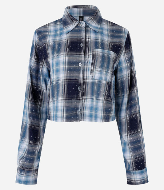 Crop Shirt in flanella a quadri blu con scintillii applicati