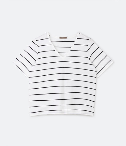 Blusa com decote em V e estampa de listras, Curve & Plus Size, Branco