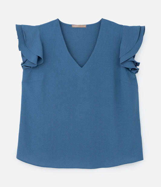 Camicetta Airflow blu con maniche arricciate, taglie forti e taglie forti