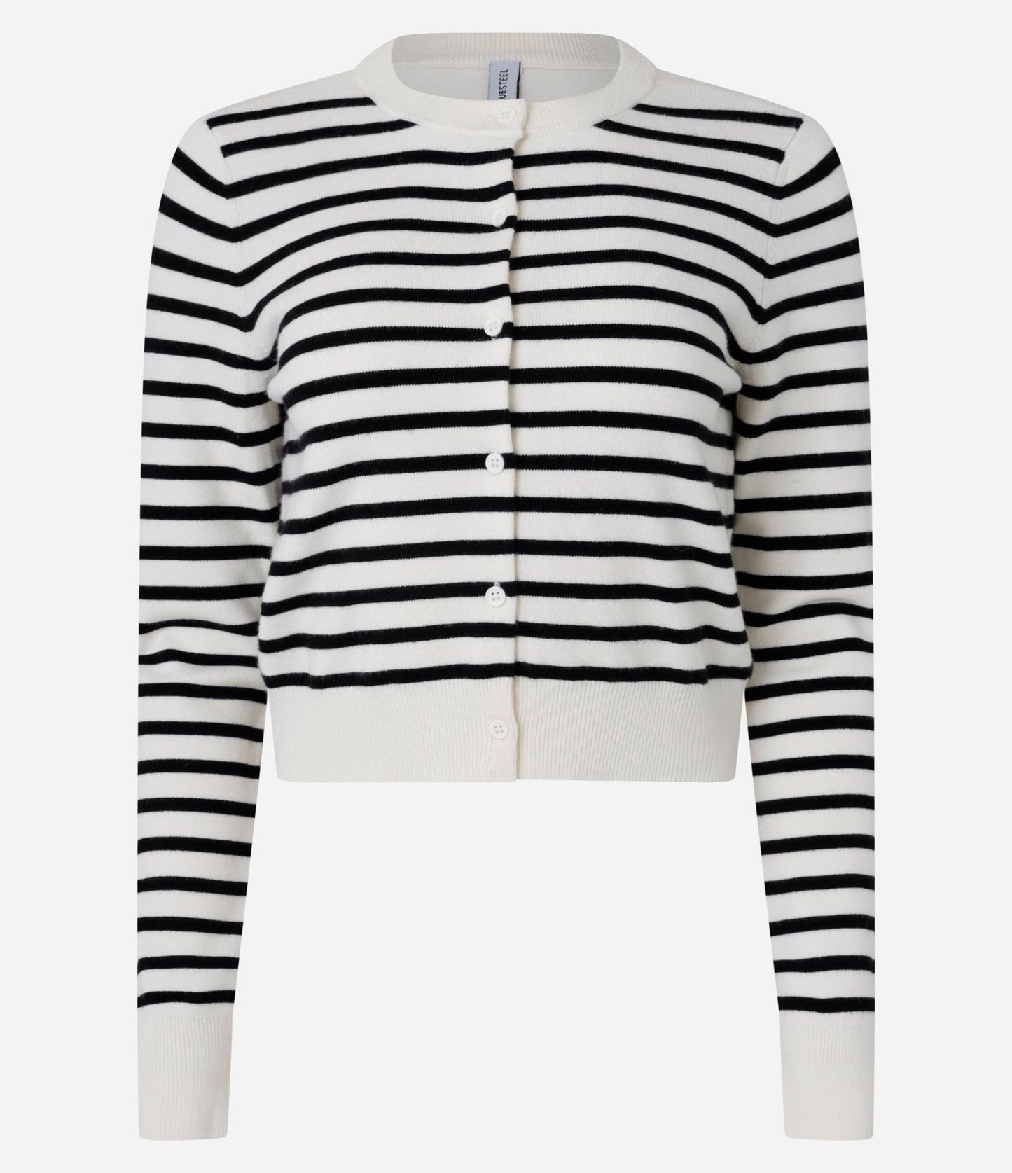 Short Striped Knit Cardigan with Front Buttons in White