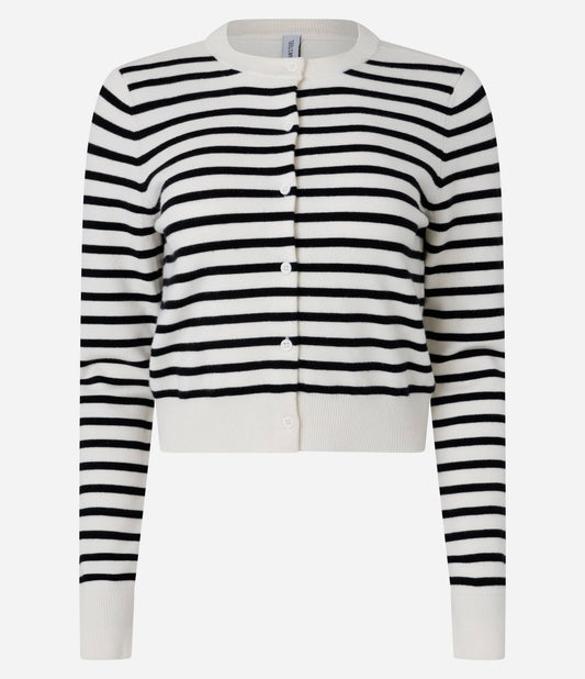 Short Striped Knit Cardigan with Front Buttons in White