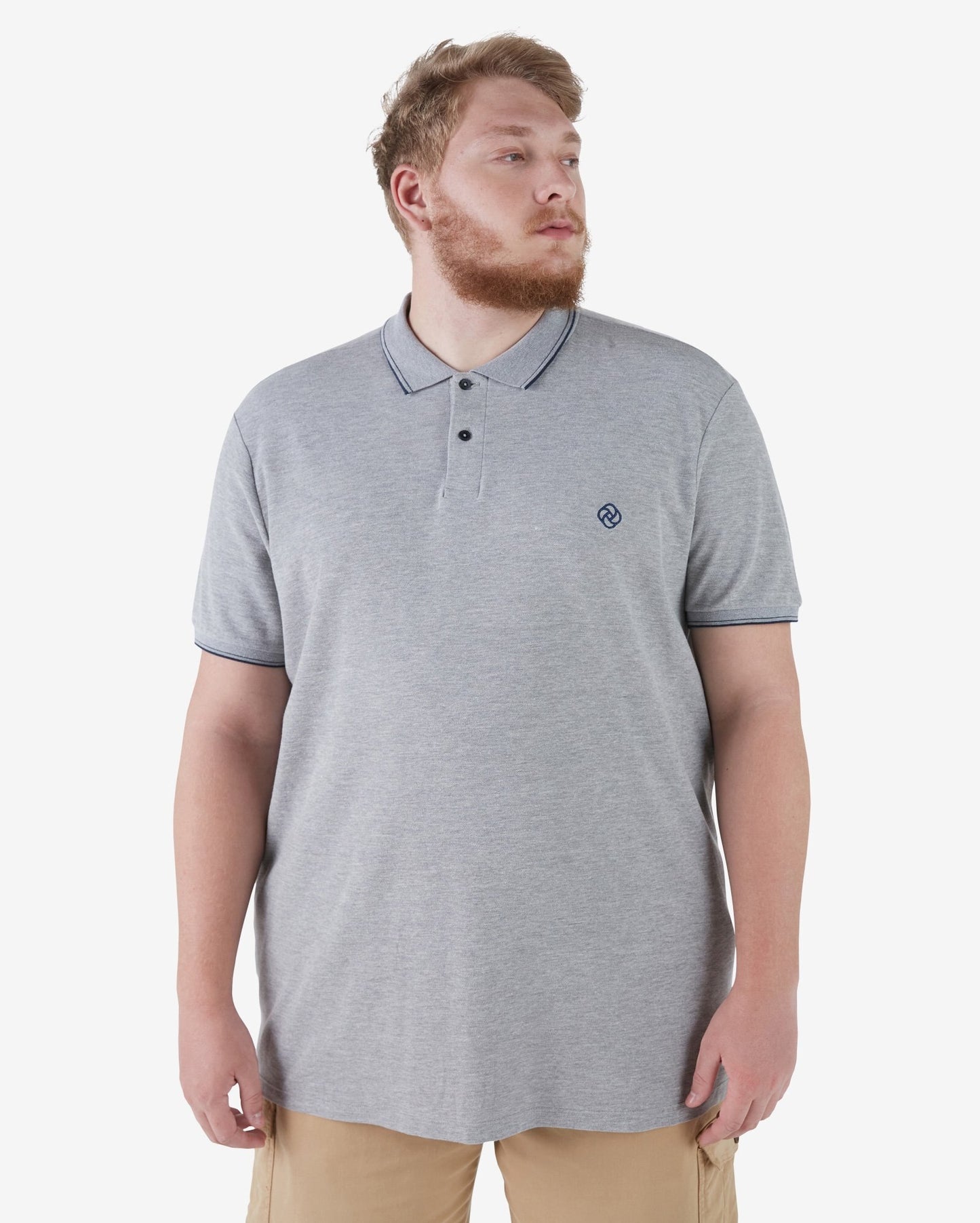 Polo Basic Plus Size con ricamo, manica corta, grigio Heather Piquet