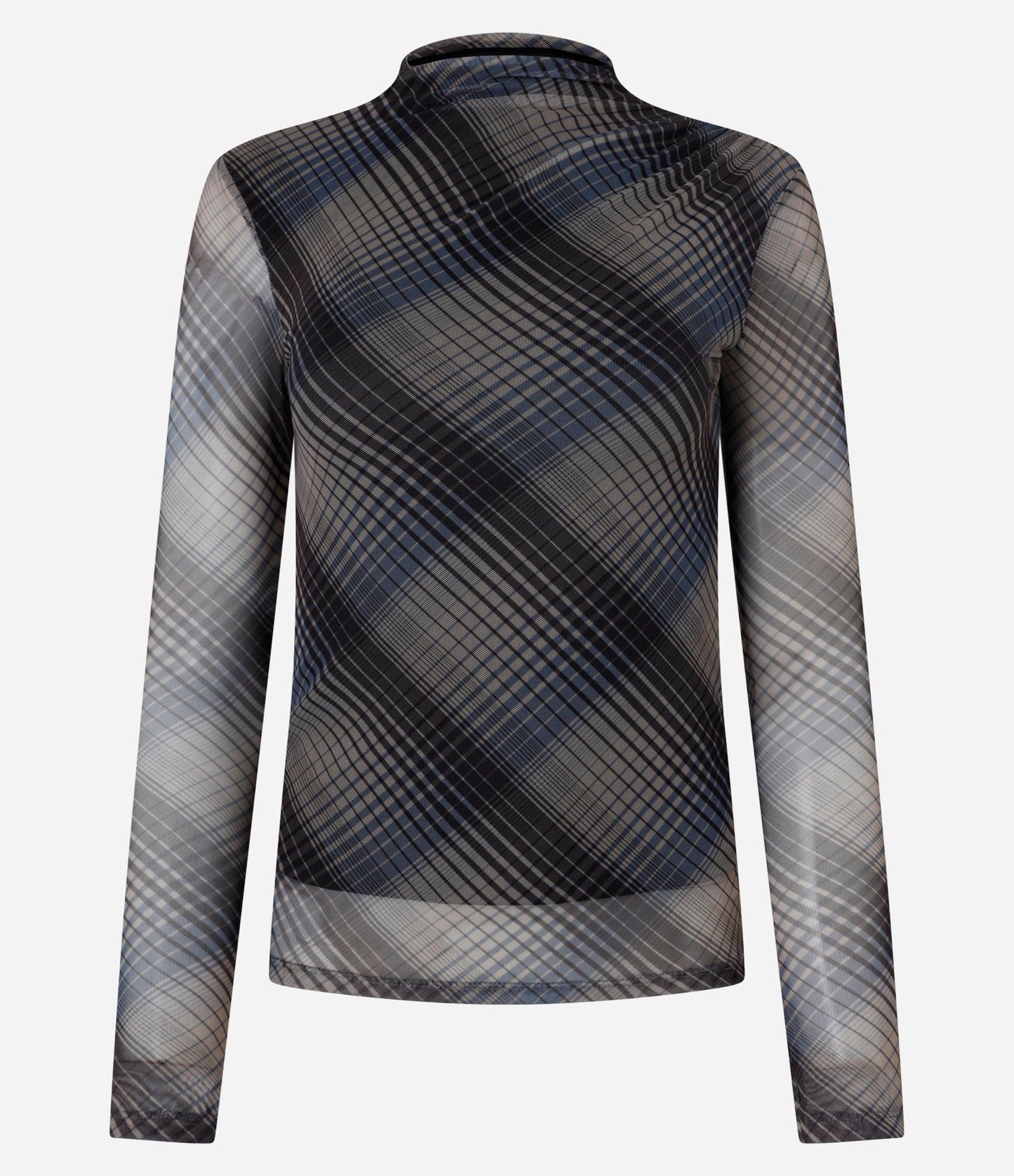 Blusa de Tul de Cuello Alto con Estampado de Cuadros Gris/Negro/Azul