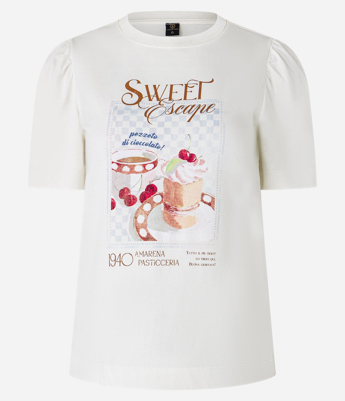 Maglietta slim in cotone con maniche a sbuffo e stampa Sweet Meal in bianco sporco