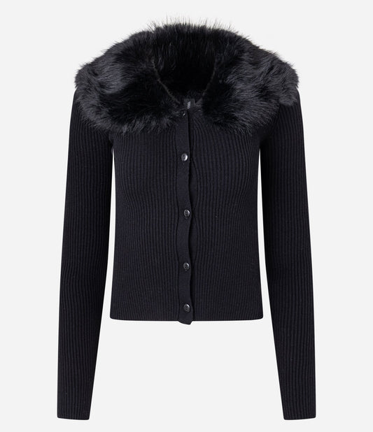 Cardigan a maglia regolare con colletto in pelliccia sintetica rimovibile - Nero