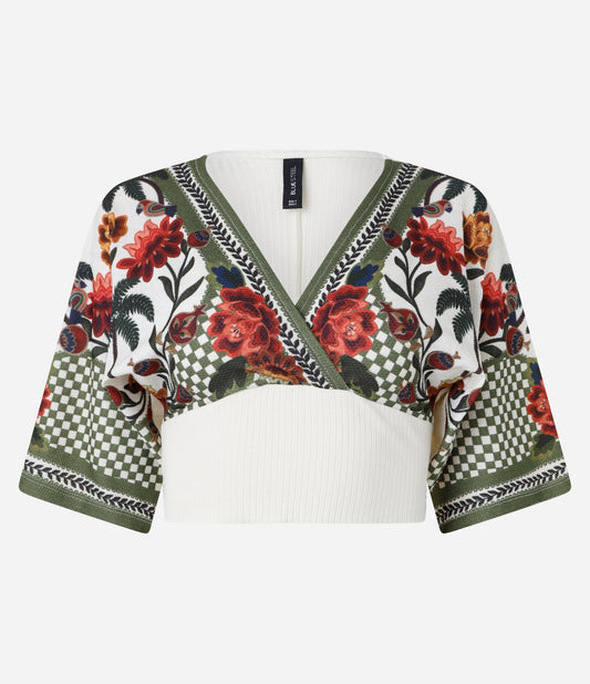 Camicetta cropped testurizzata con stampa floreale e plaid Off-White