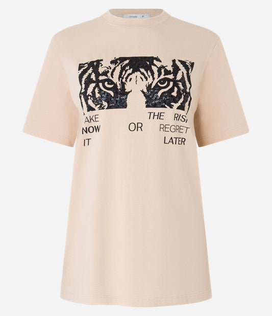 Camiseta Bege de Algodão com Estampa de Olhar de Tigre