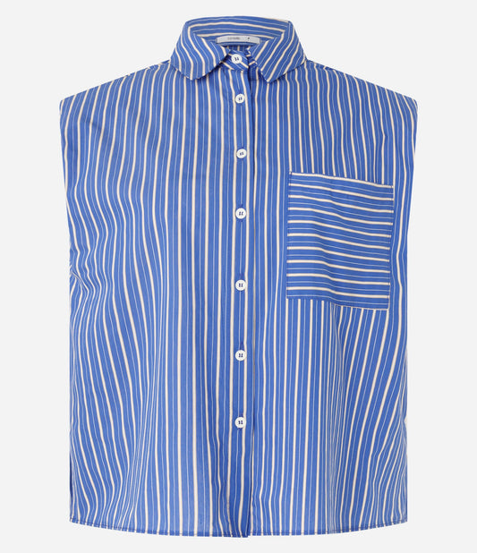 Camisa Regata de Tricoline com Listras Azul Tingidas