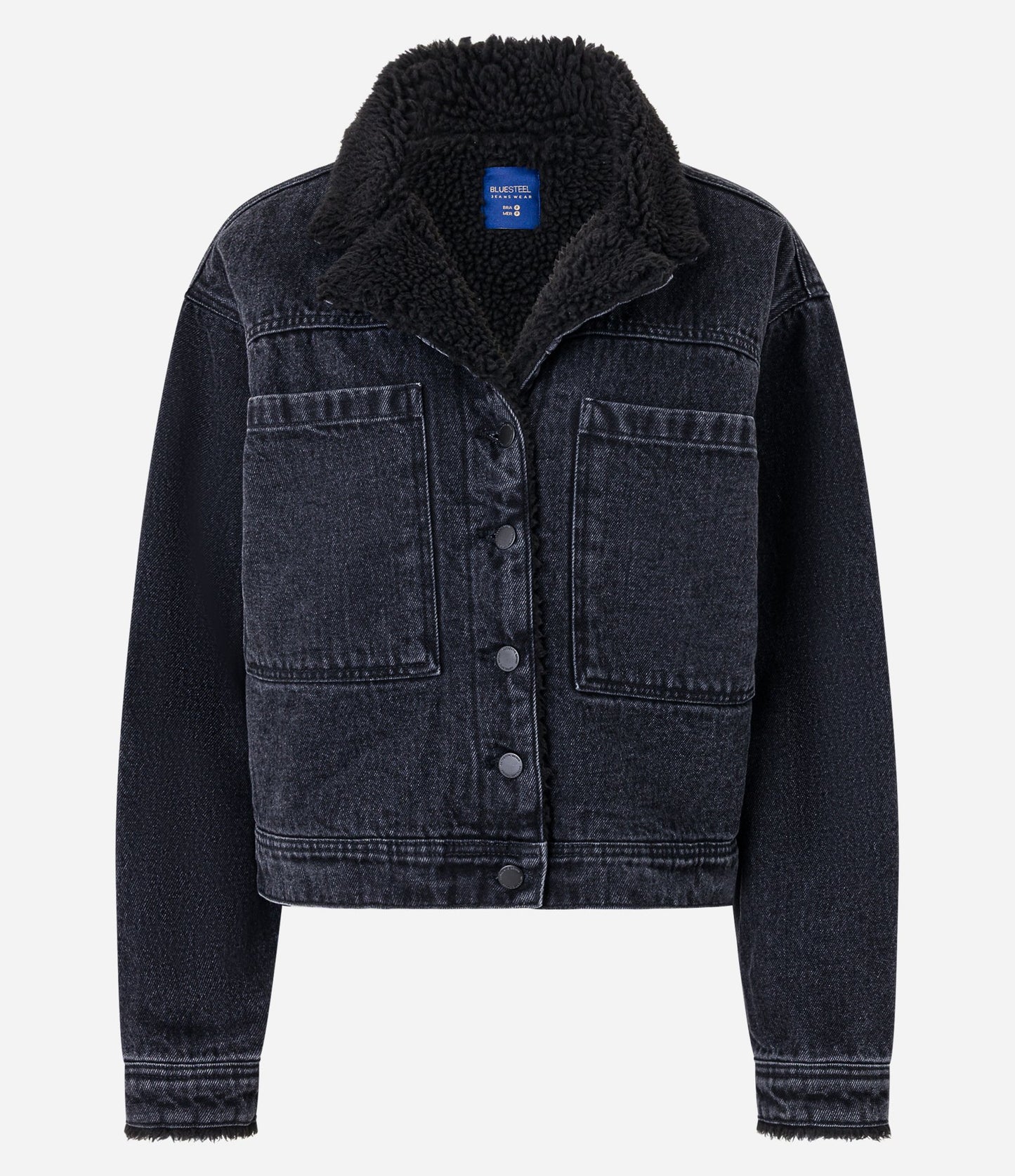 Giacca di jeans nera con colletto in sherpa e tasche frontali