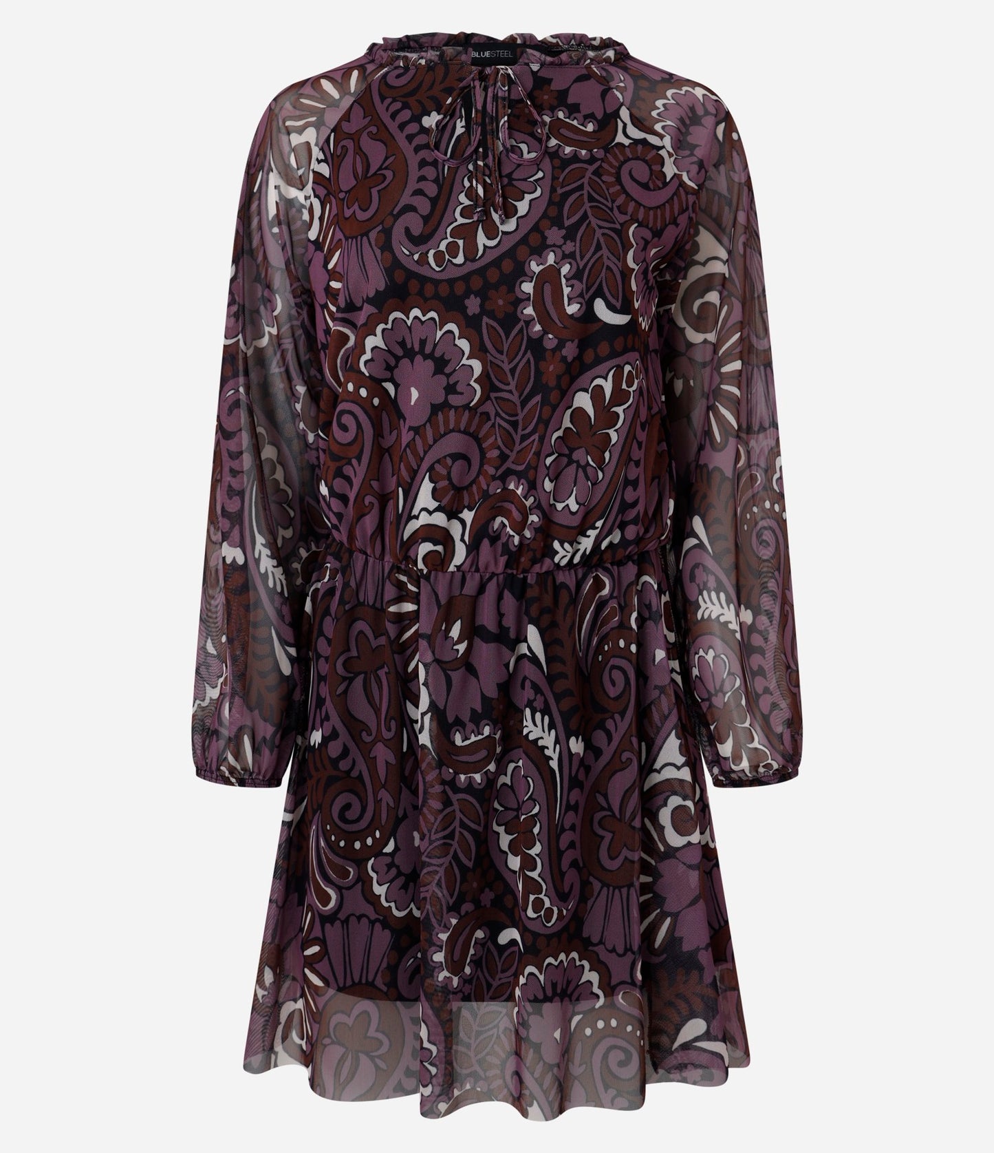 Vestito corto in tulle con stampa Paisley e dettaglio cravatta nera