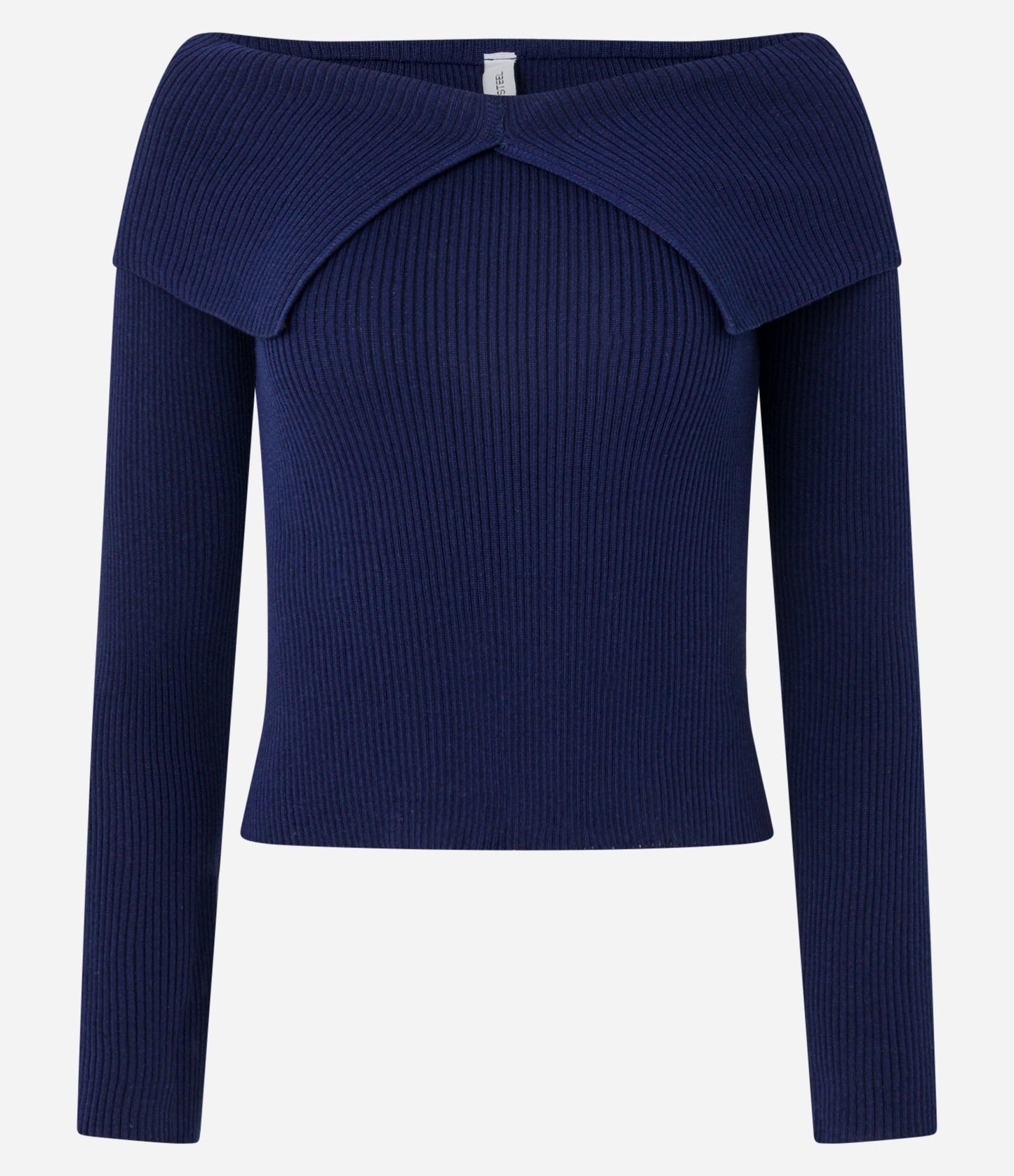 Maglione in maglia blu navy con colletto ripiegato e disegno a ritaglio