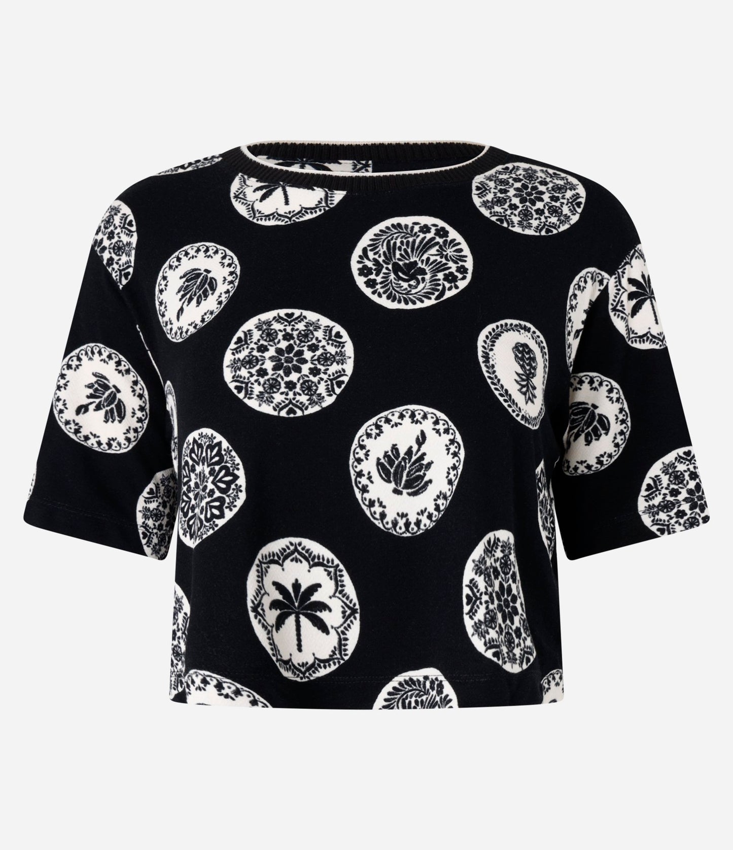 Black Tropical Print Cotton T-Shirt Blouse