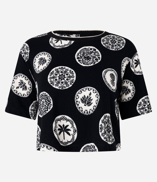 Black Tropical Print Cotton T-Shirt Blouse