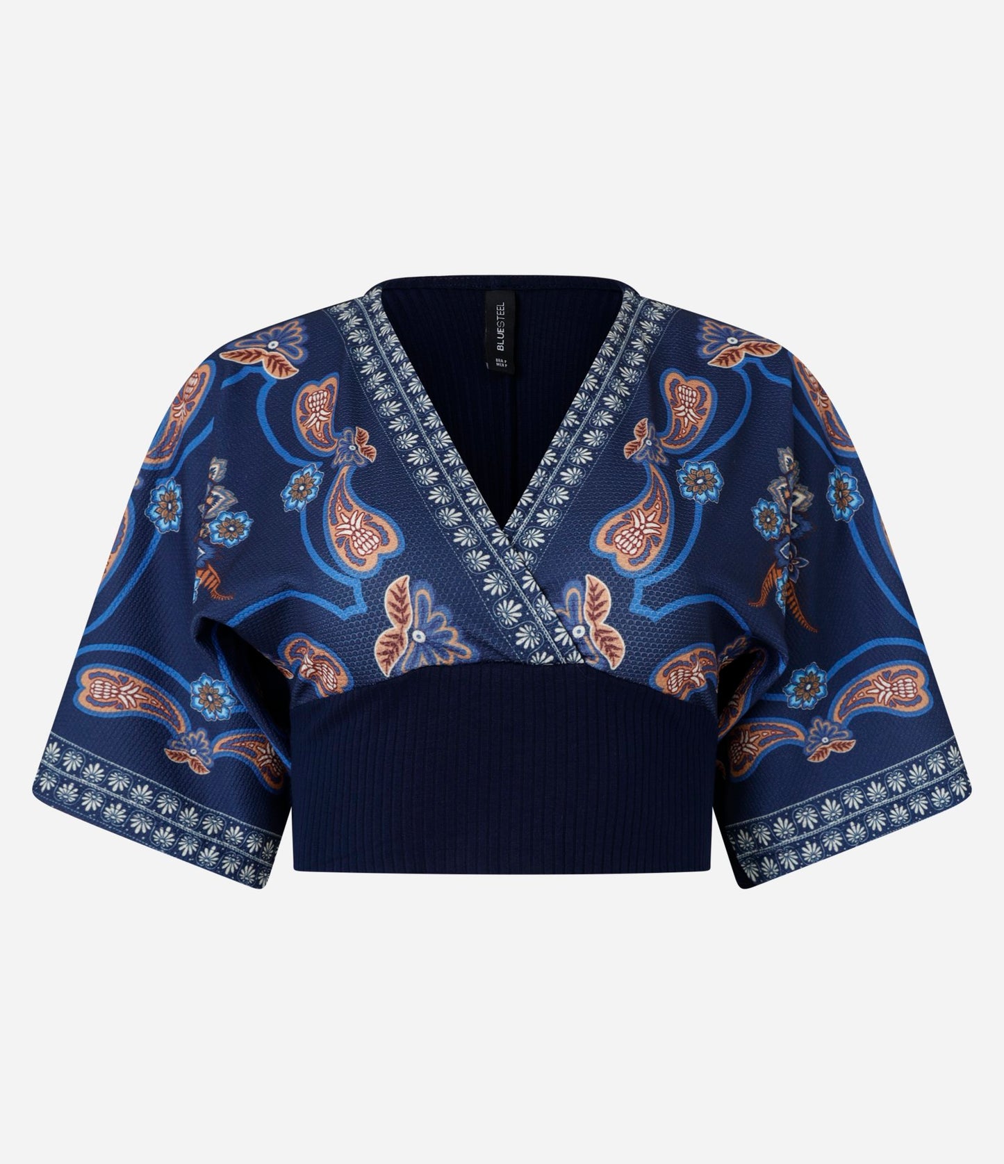 Camicetta cropped con stampa Paisley blu navy e scollo a V a portafoglio
