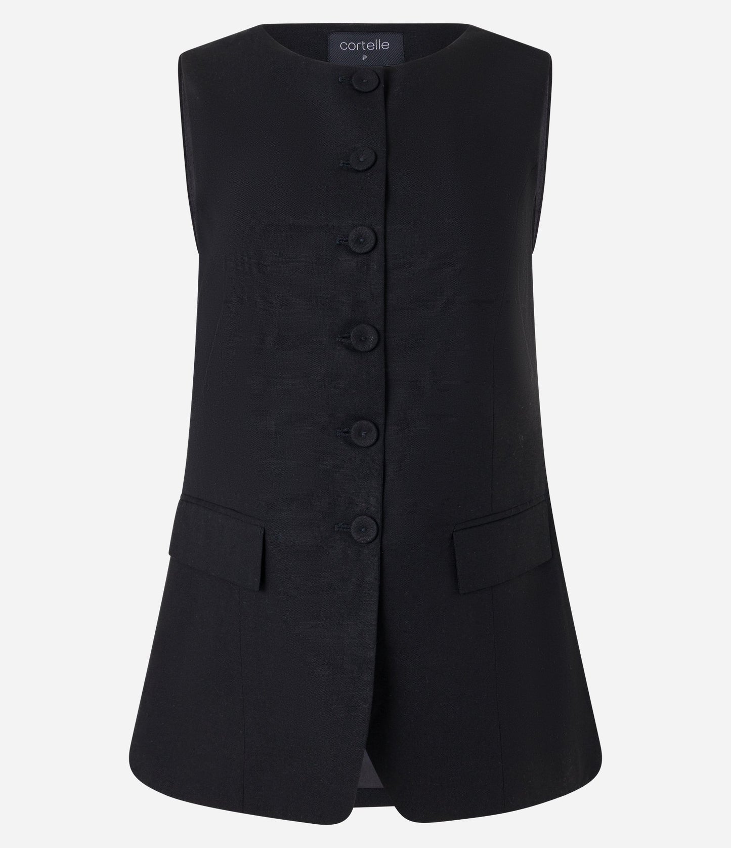 Chaleco Largo en Mezcla de Viscosa y Lino con Botones Cubiertos y Solapas Negras