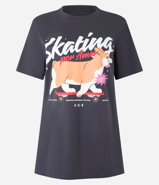 Gray Cotton T-Shirt with Corgi Skating for Love Print