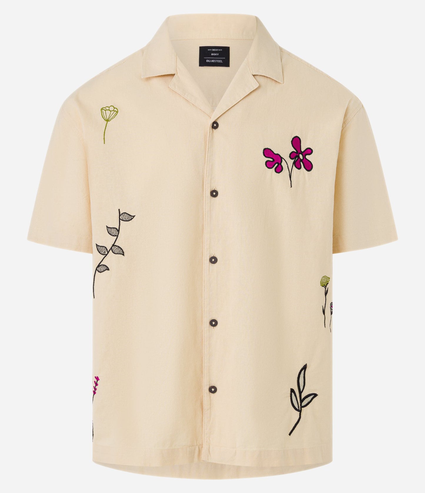 Camicia boxy in tricolore beige con ricami colorati