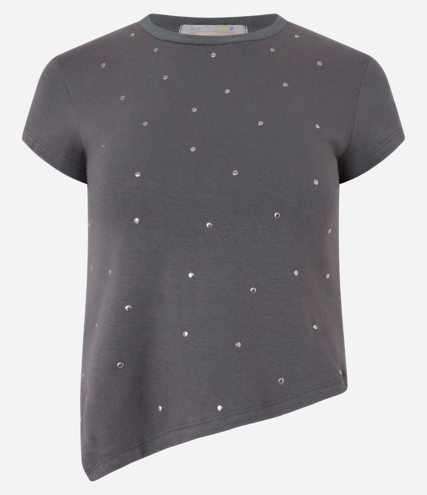 Blusa de Algodón Gris con Destellos Aplicados y Dobladillo Asimétrico