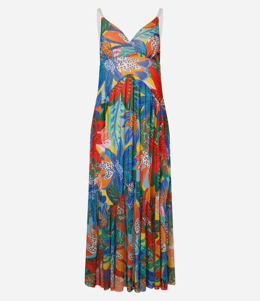 Abito lungo svasato in tulle con volant e stampa floreale tropicale multicolore