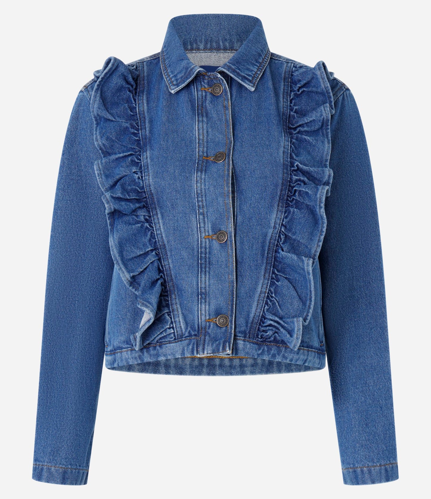 Giacca di jeans corta con volant sul davanti in blu medio