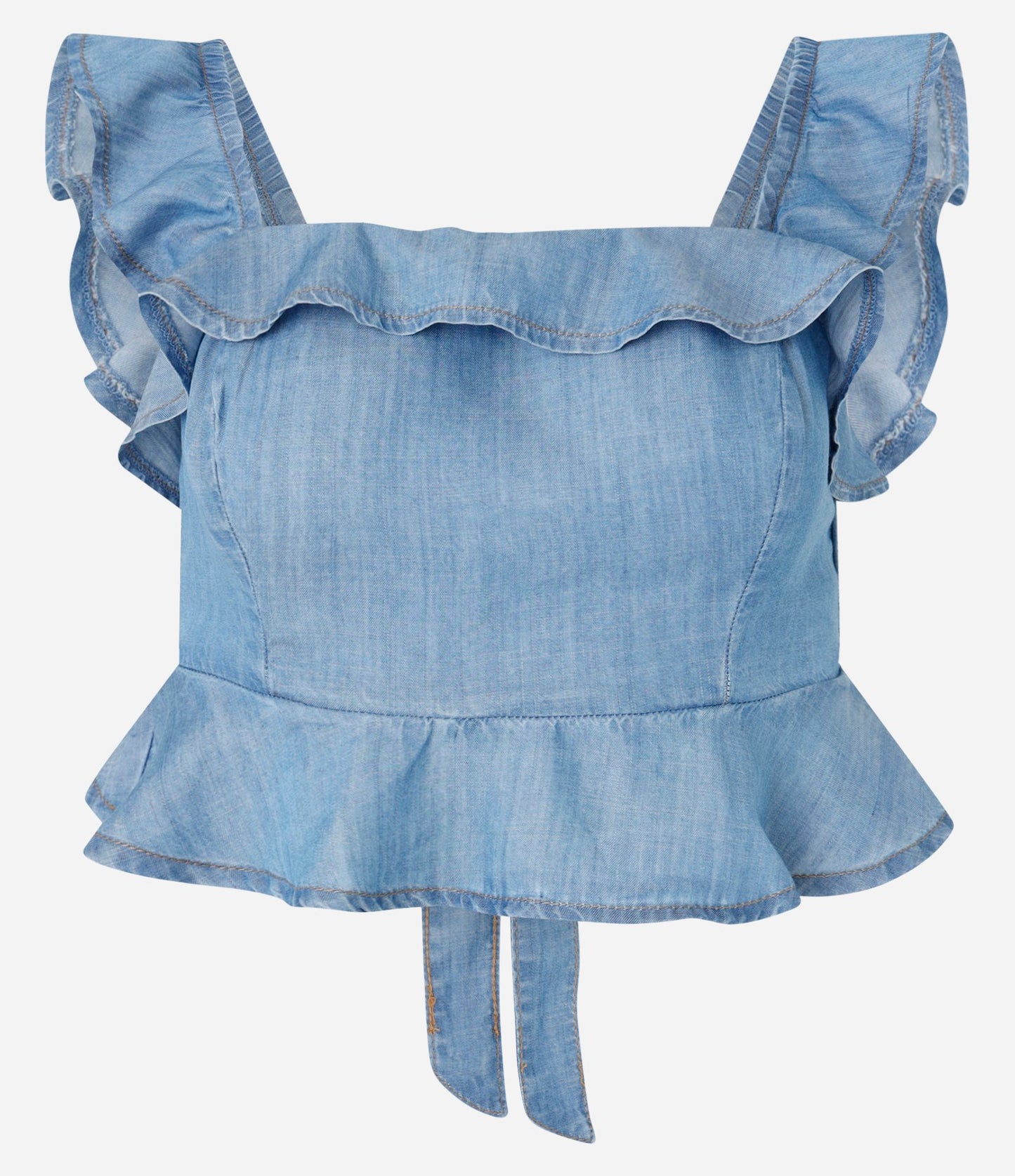 Blusa Jeans Azul com Babados e Amarração nas Costas