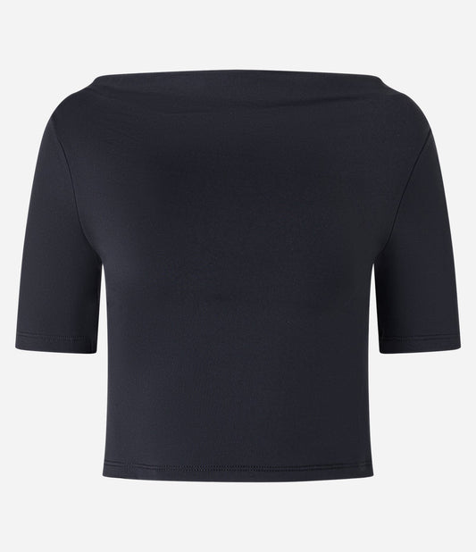 Top Cropped Preto de Microfibra com Decote Drapeado
