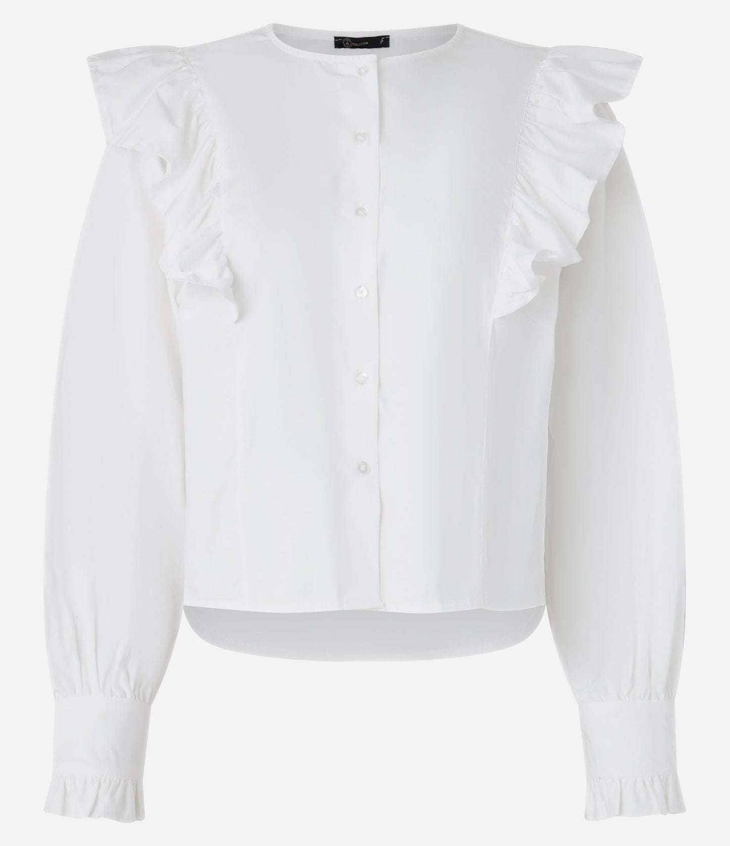 White Tricoline Shirt with Ruffles and Puff Sleeves