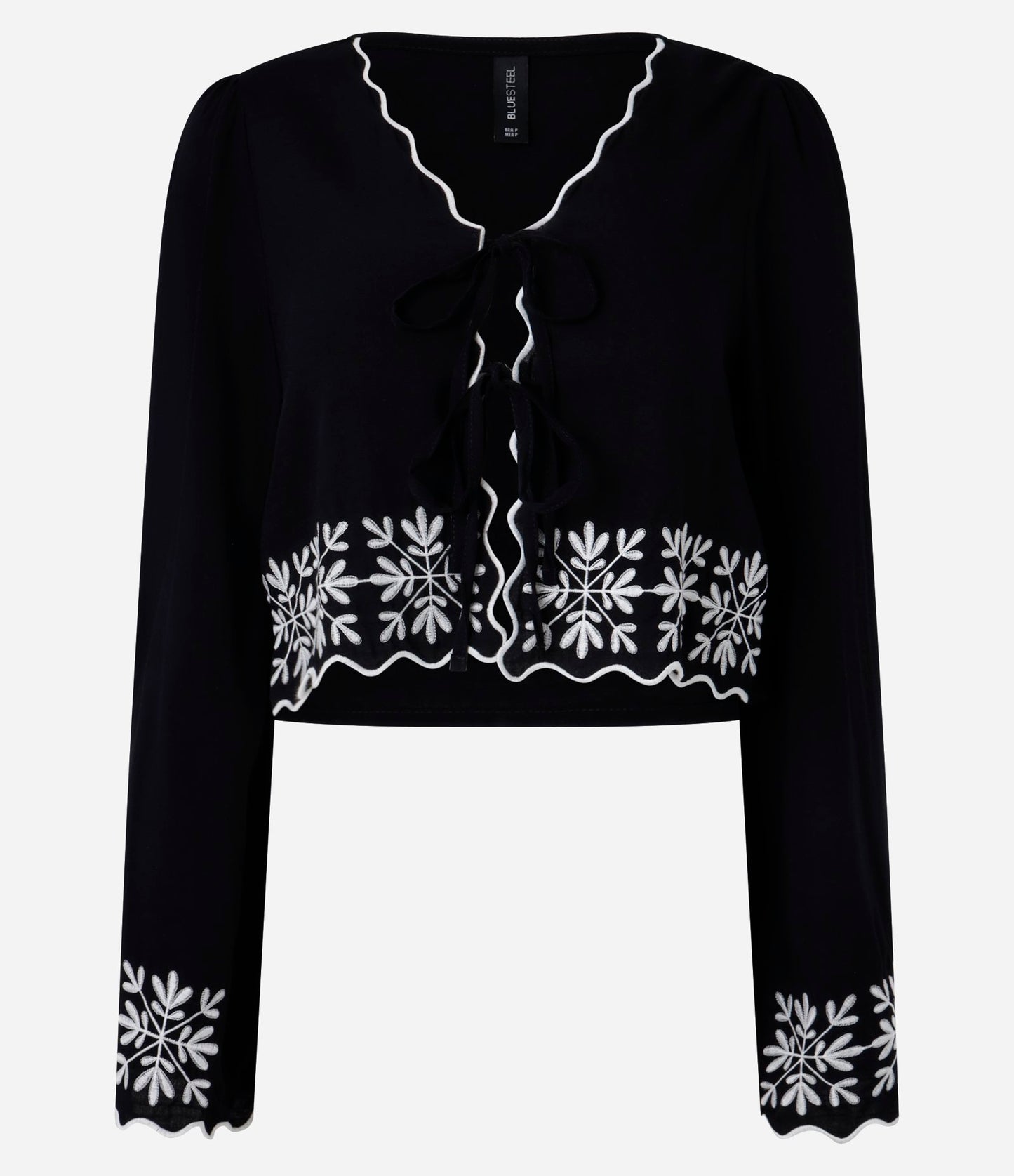 Blusa Preta de Tricoline com Detalhe de Amarração e Barra e Punhos Bordados