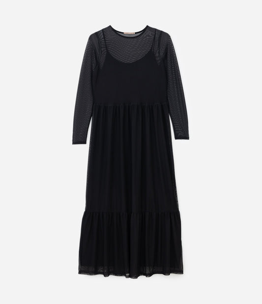 Vestido negro midi de tul superpuesto con volantes - Tallas grandes y curvas