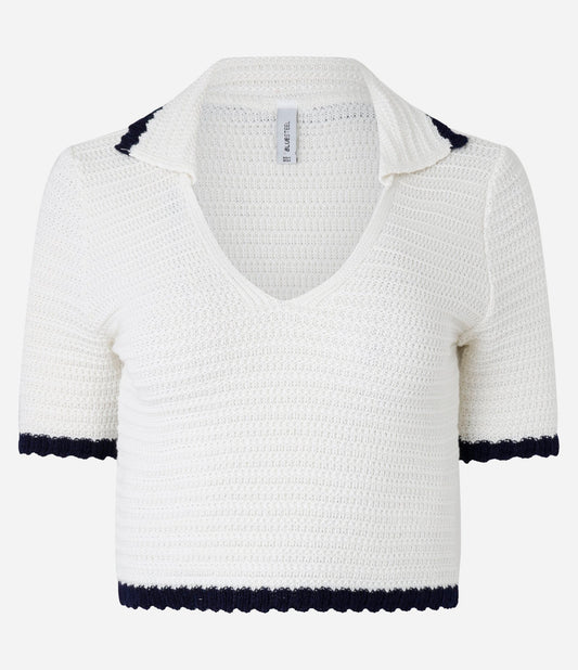 Suéter de Tricô com Gola Polo e Detalhe Contrastante Branco