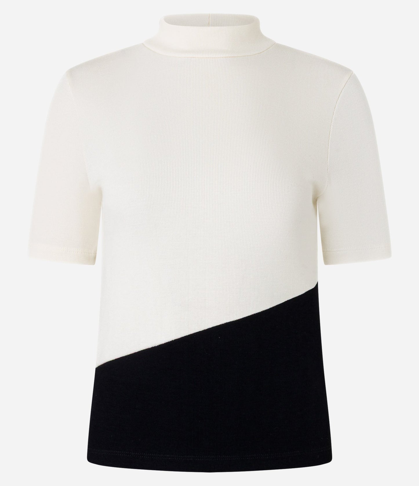 Ribbed Blouse with Diagonal Cut and Black/White Color Blocks
