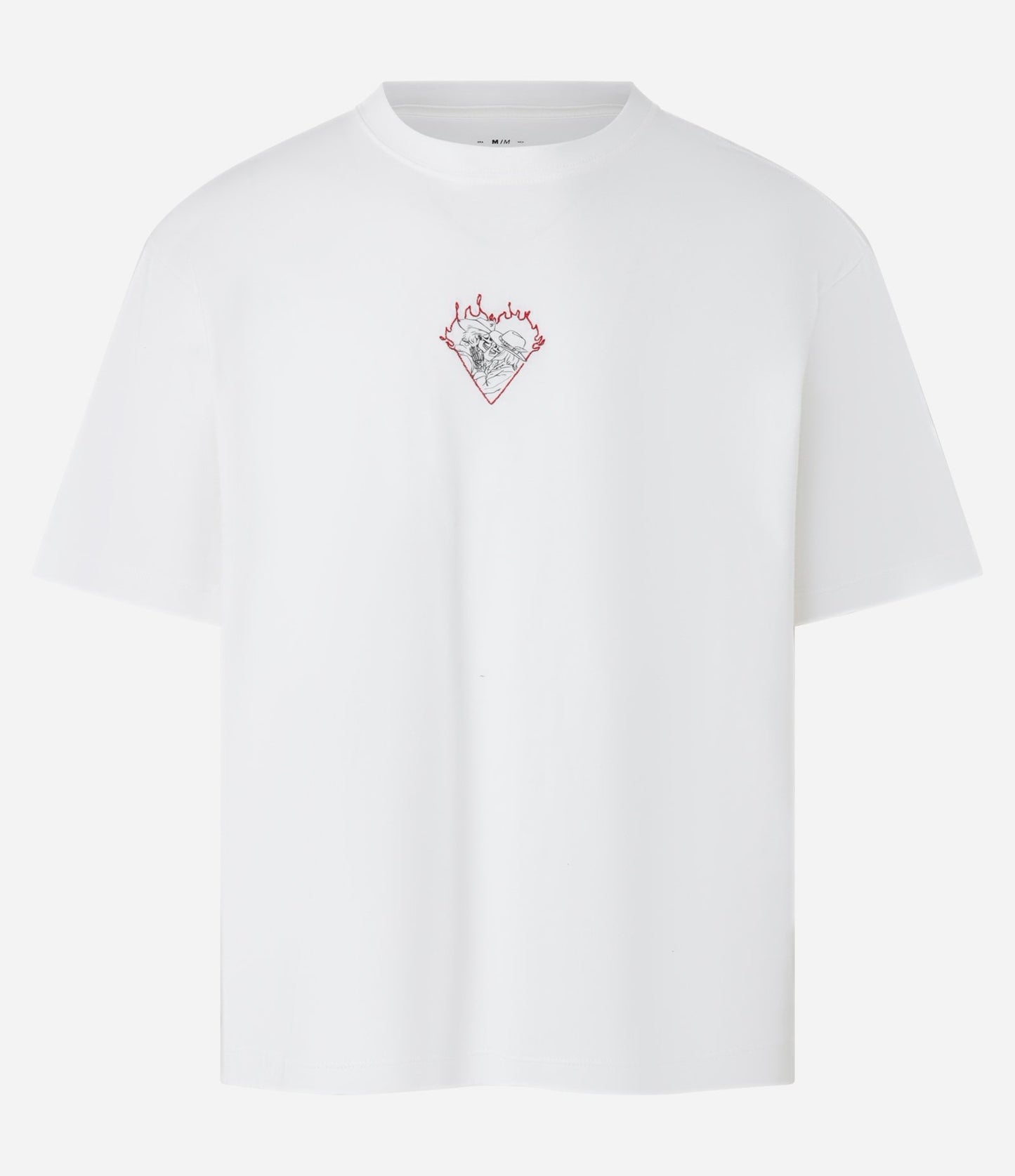 Camiseta blanca de algodón Boxy con corazón y calaveras bordados