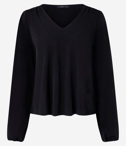 Black Microfiber Blouse with V-Neck and Light Drape