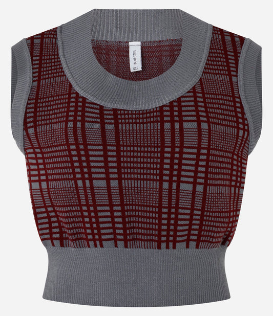 Gilet corto in maglia a quadri in borgogna/grigio