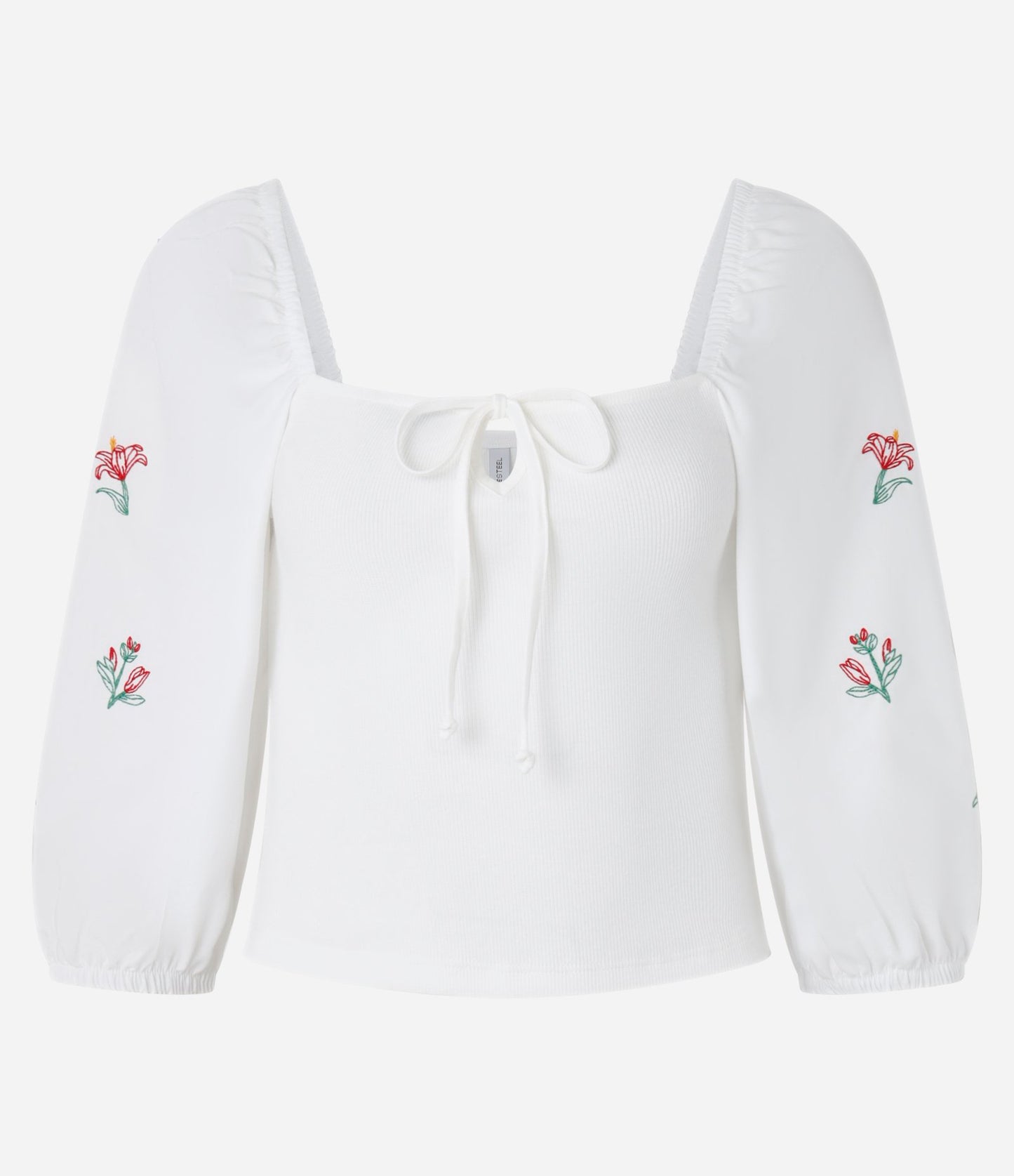 Blusa de canalé con lazo en el pecho y bordado floral blanco