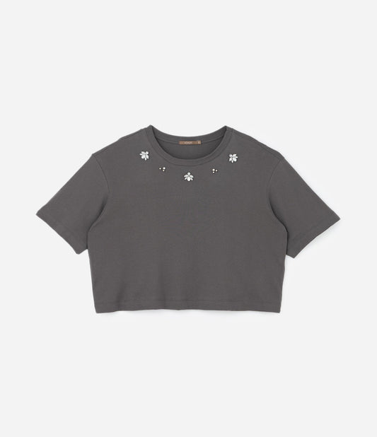 Camicetta a coste con colletto impreziosito, Curve e taglie forti, grigio