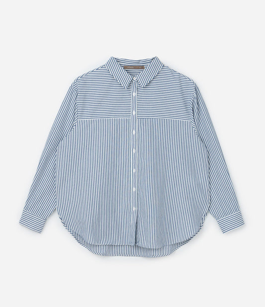 Camisa Longa Listrada de Seersucker em Tamanhos Curve & Plus Azul/Branco