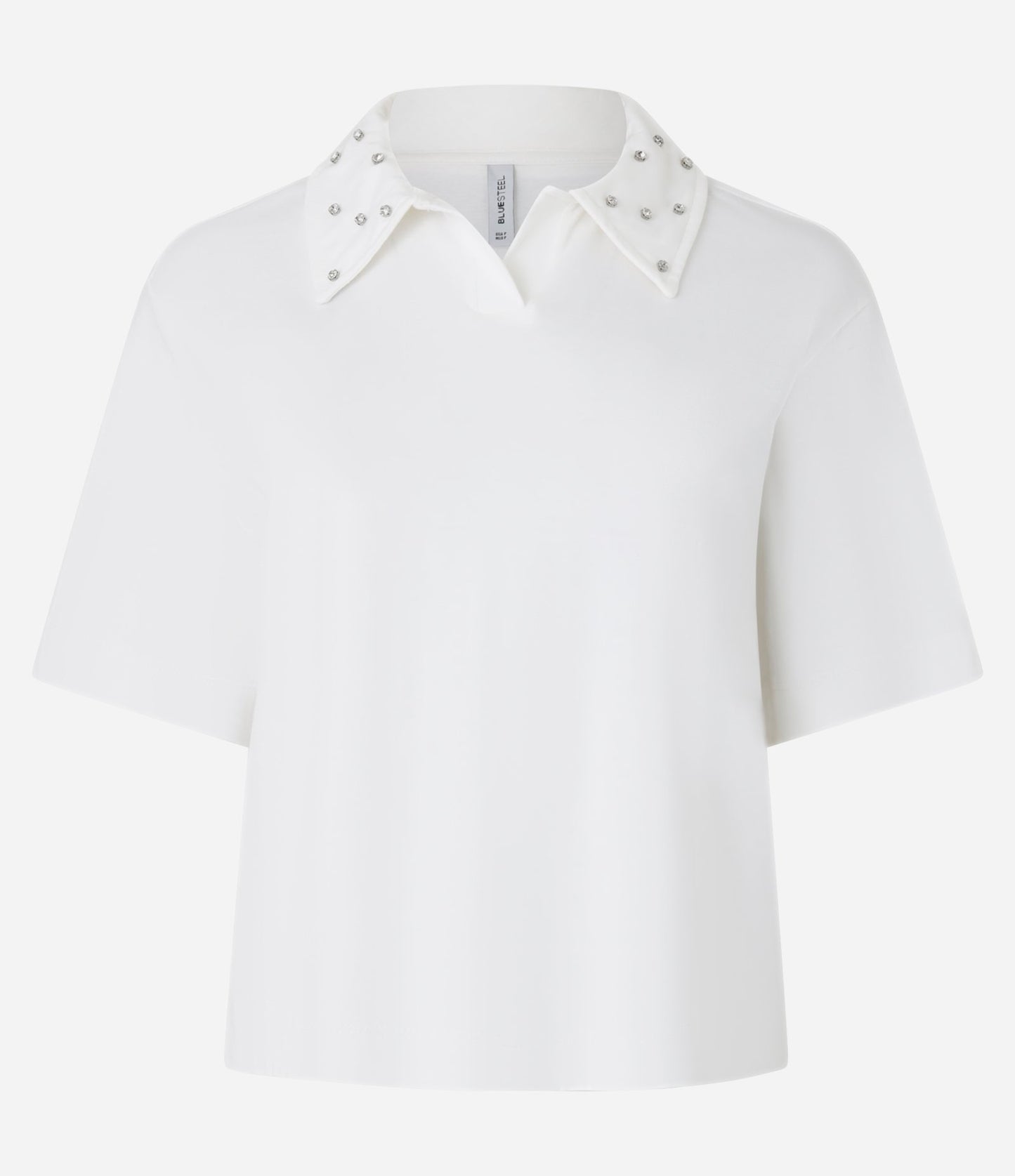 White Cotton Polo Collar Blouse with Embellishments