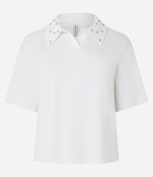 White Cotton Polo Collar Blouse with Embellishments