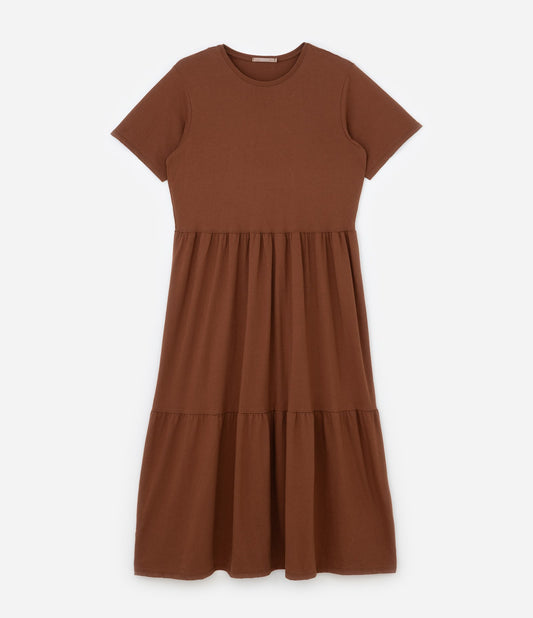 Vestido Midi Marrón de Algodón con Volantes - Tallas Curvas y Grandes