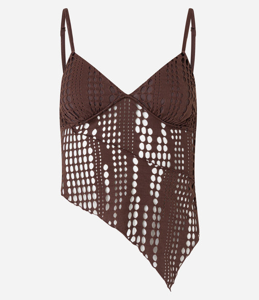 Top marrone strutturato con spalline sottili e dettagli cut-out