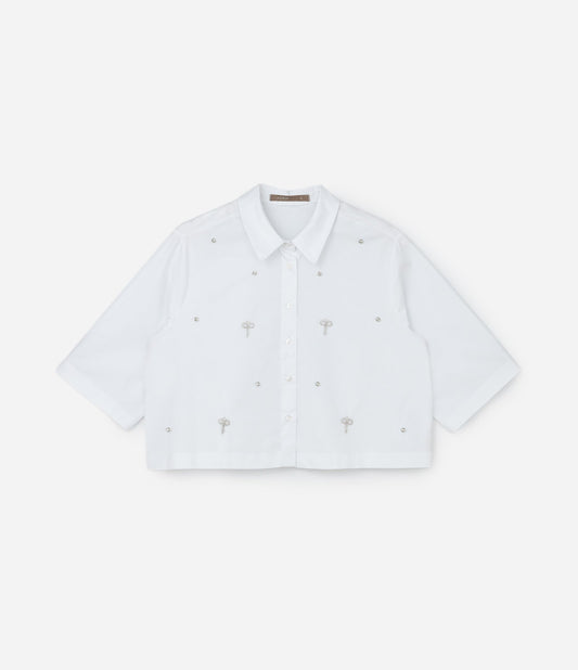 Camicia tricolore bianca con fiocchi e strass, Curve e taglie forti