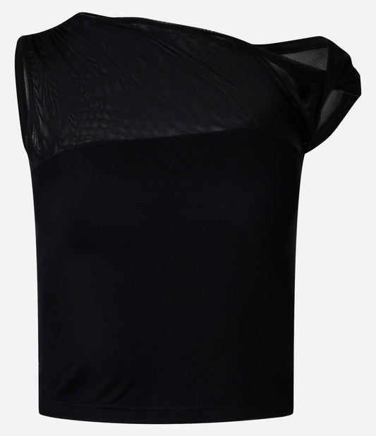 Blusa Preta de Tule com Detalhe Torcido no Ombro