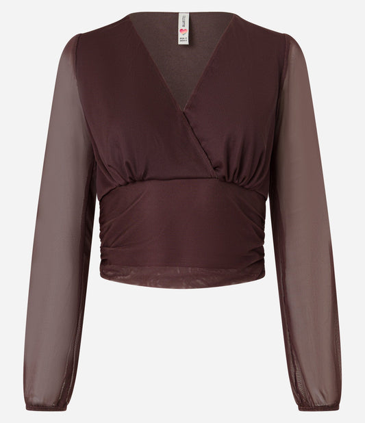 Blusa Marrom de Tule com Decote V Cruzado