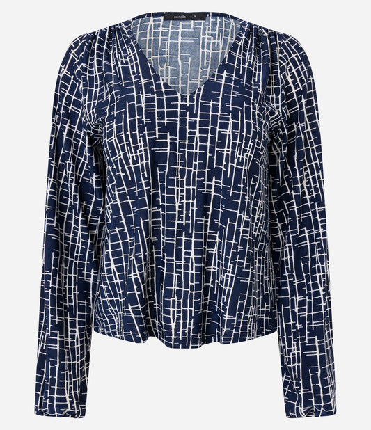 Microfiber Blouse with Geometric Print and Blue V-Neck