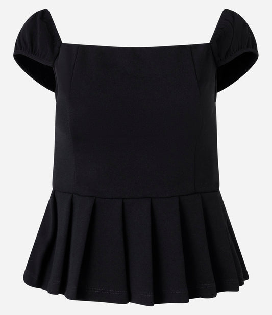 Blusa Curta de Crepe com Barra Plissada em Preto