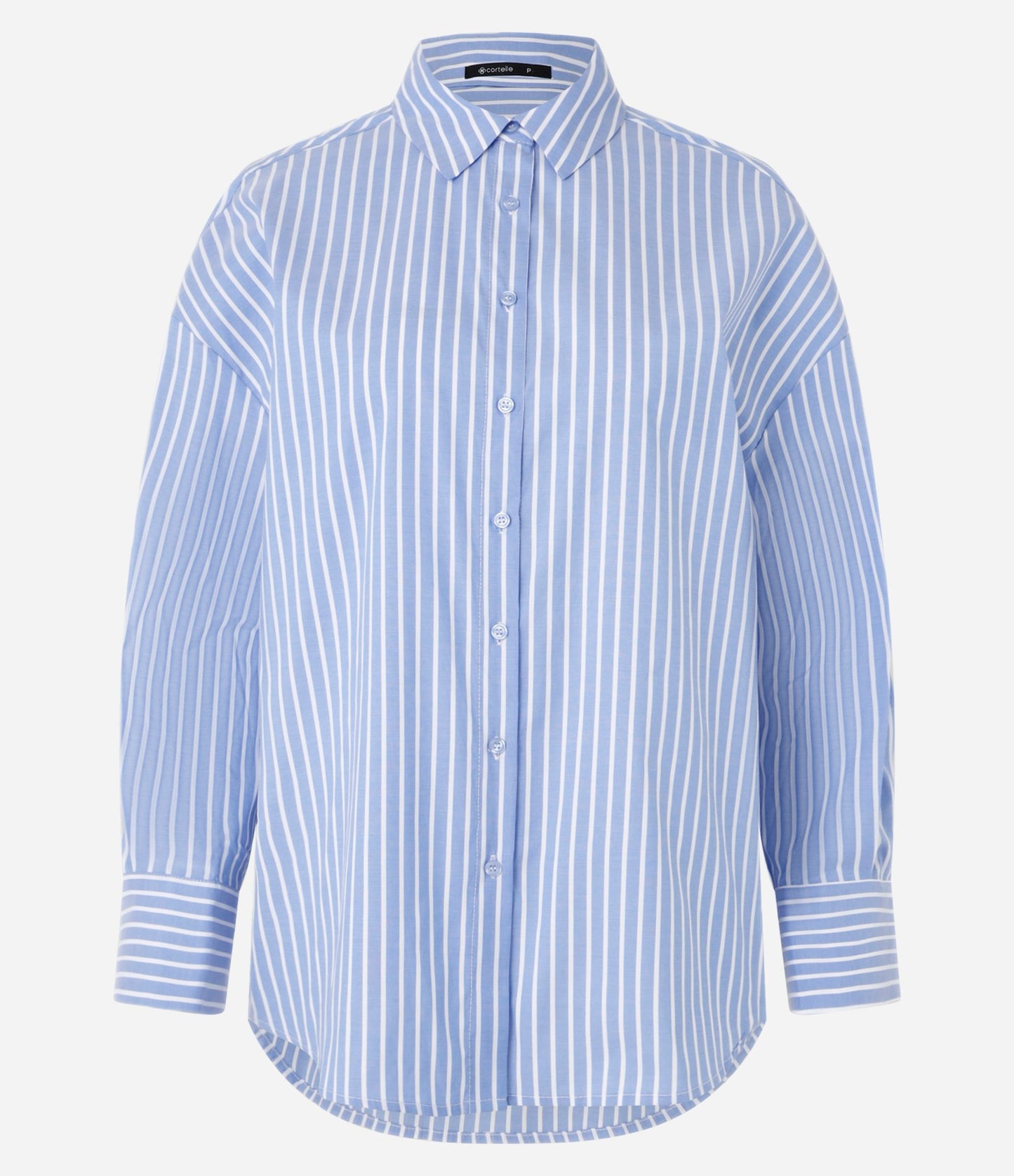 Camisa Longline Listrada em Tricoline Tingida com Fio Azul